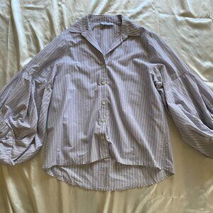 Harshman Violetta Blue & White Striped Puff Sleeve Button Up Blouse Large